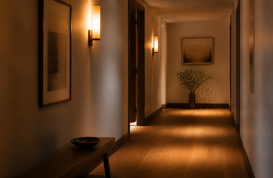 A quiet hallway at the end of a workday
